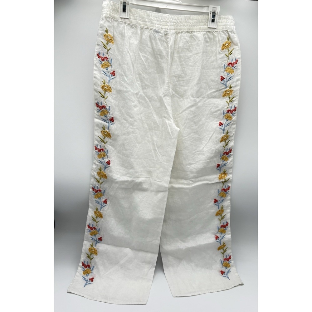 Calypso St. Barth Linen Embroidered Floral Wide Leg Pants White Women's L - Picture 5 of 9